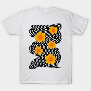 Trippy Psychedelic Checkered Seventies Flower Design T-Shirt